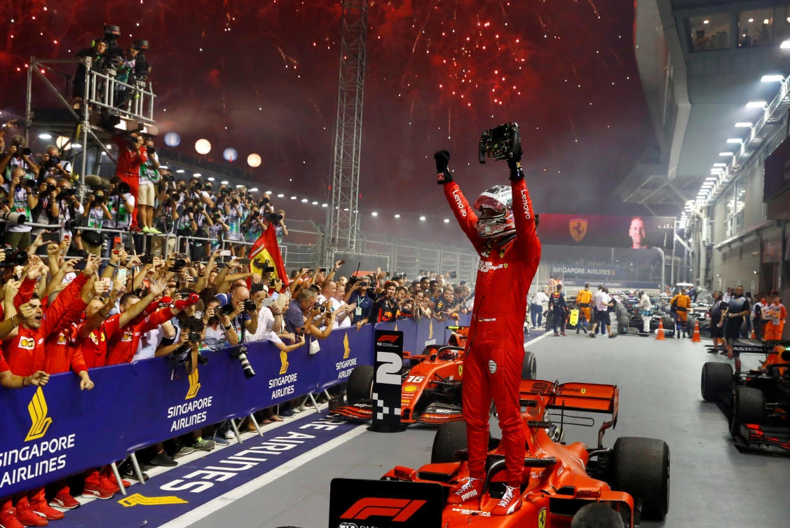 Ferrari’s Sebastian Vettel celebrates after winning the race Singapore Grand Prix on September 22, 2019. (Reuters)