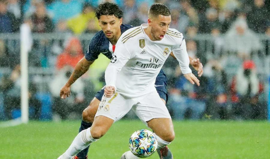 Real Madrid’s Eden Hazard, right, and Paris St Germain’s Marquinhos during their match in Madrid. (Reuters/File)