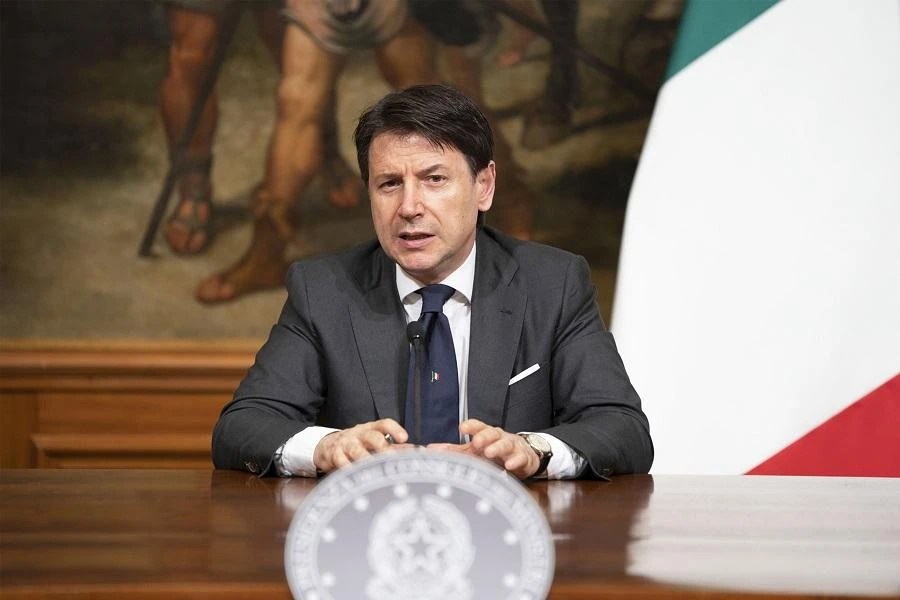 This photo taken on June 11, 2020 and handout on June 12, 2020 by the Palazzo Chigi press office, Italy's Prime Minister Giuseppe Conte addresses a press conference following a Cabinet meeting at Palazzo Chigi in Rome, during the COVID-19 infection, caused by the novel coronavirus. (File/AFP)