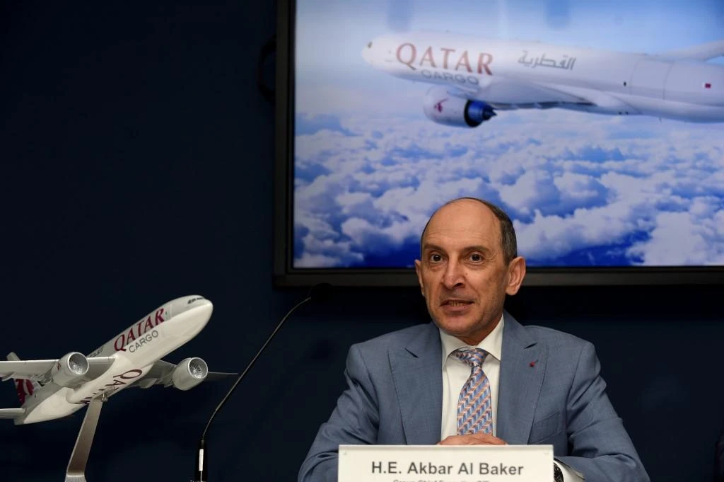 Qatar Airways chief executive Akbar Al-Baker said there would be a knock-on effect to future deliveries due to the COVID-19 pandemic. Above, Baker announces a commitment for five additional 777 freighters from Boeing on June 19, 2019. (AFP file photo)