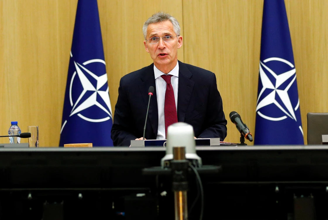 NATO Secretary-General Jens Stoltenberg chairs a NATO defense ministers meeting via teleconference at the Alliance headquarters in Brussels, Belgium, June 17, 2020. (Reuters)