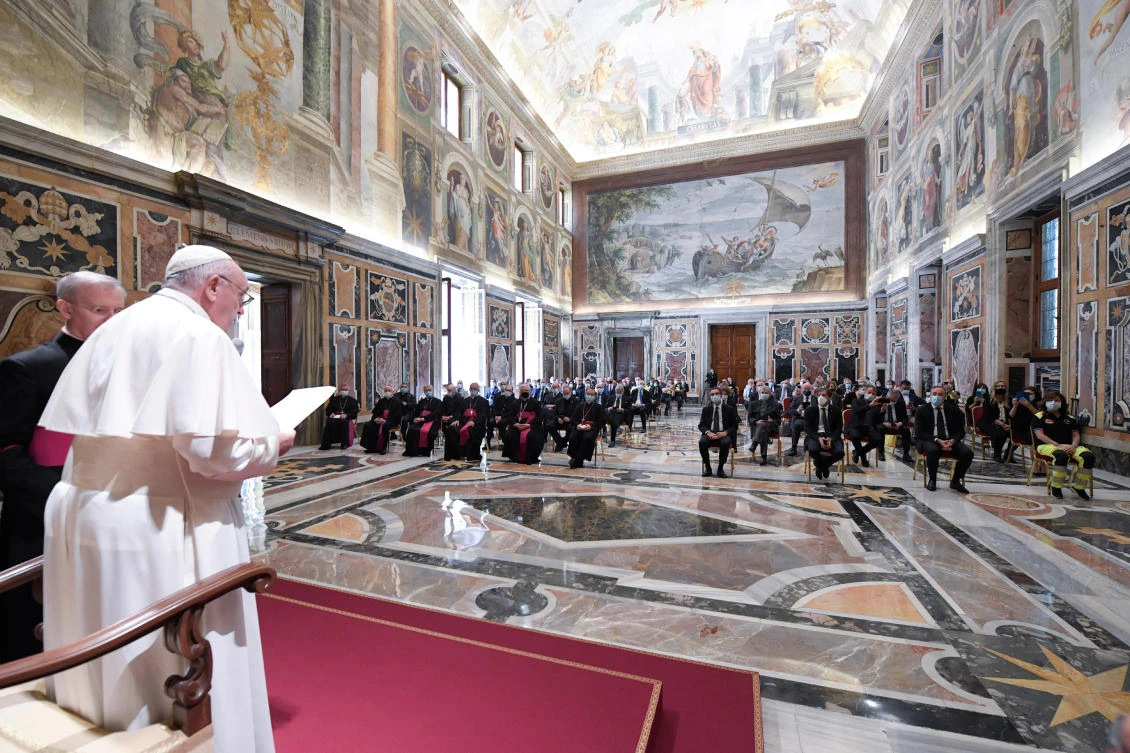 Pope Francis adresses doctors and nurses from the coronavirus-ravaged Lombardy region at the Vatican on Saturday, June 20, 2020. (Vatican News via AP)