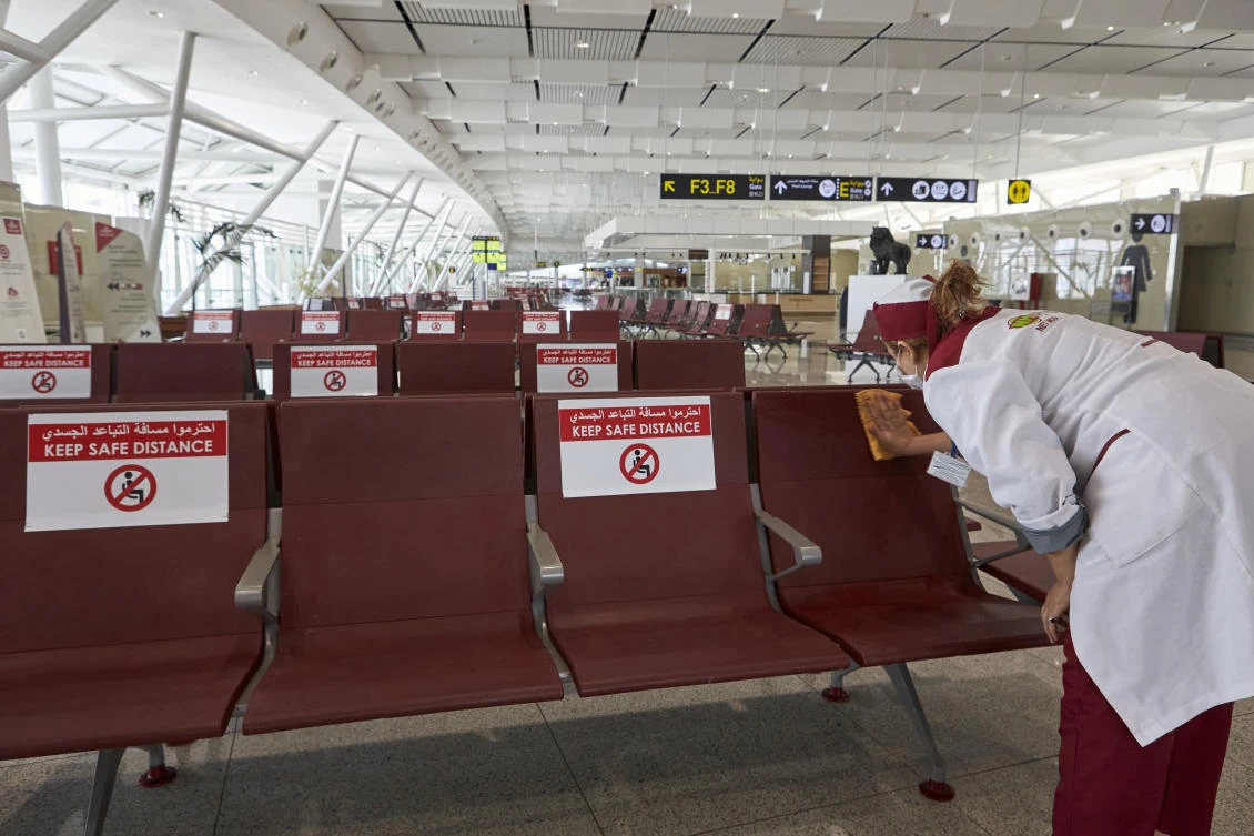 Seats are decontaminated against coronavirus at the Mohammed V airport in Casablanca, Morocco on June 16, 2020. (AP)