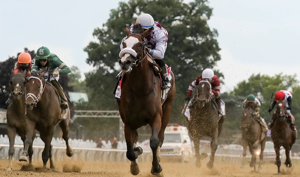 Tiz the Law, center, with jockey Manny Franco up, crosses the finish line to win the 152nd running of Belmont Stakes horse race on Saturday in Elmont, New York. (AP)