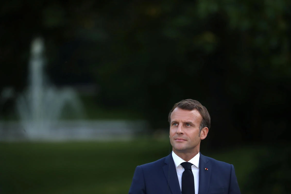 French President Emmanuel Macron during a joint news conference with Tunisian President Kais Saied (not pictured) after their meeting at the Elysee Palace in Paris, France, June 22, 2020. (Reuters)