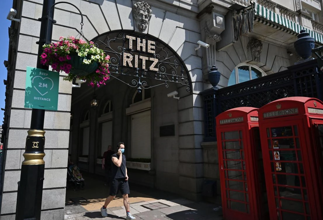 The Ritz hotel, currently closed to visitors due to the ongoing COVID-19 pandemic, is pictured in central London on June 23, 2020. Pubs, restaurants, hotels and hairdressers in England will reopen from July 4, Prime Minister Boris Johnson announced Tuesday. (AFP)