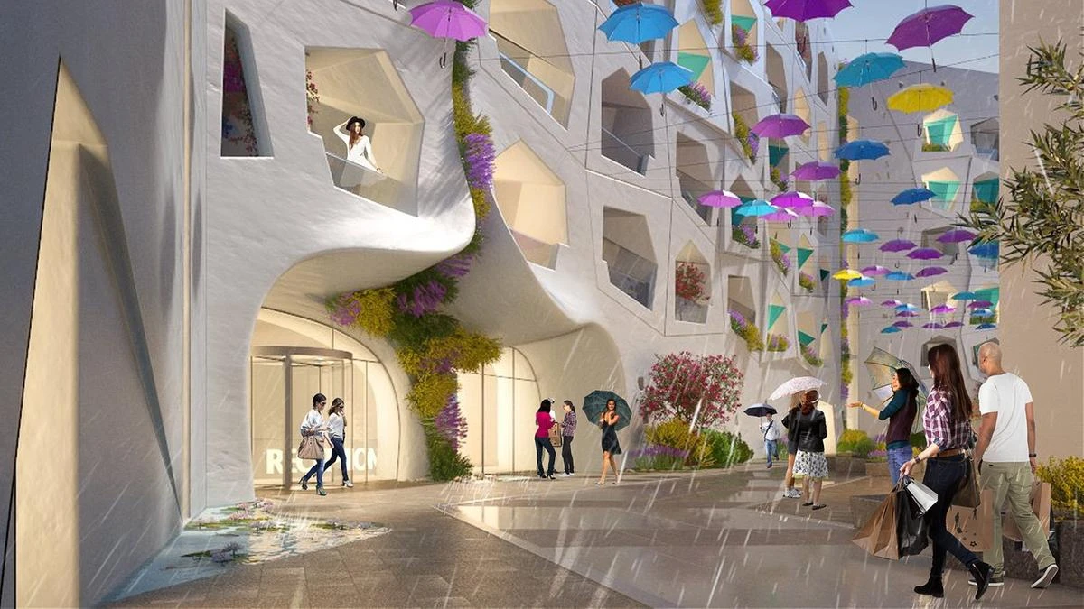 A rendering of the raining street being constructed in Dubai. (Kleindienst Group)