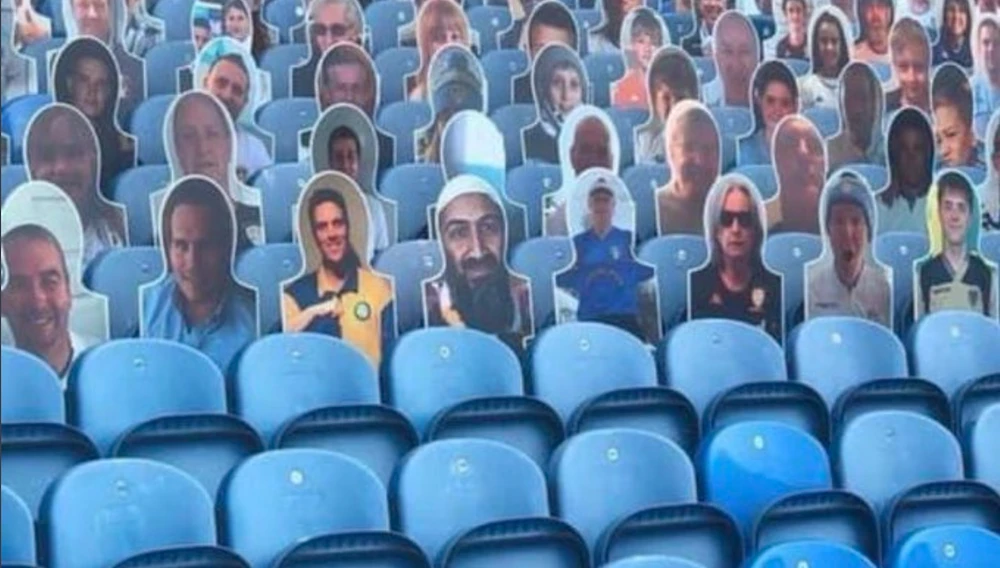 English football club Leeds United have said they will improve their screening process of cardboard images of fans inside their Elland Road stadium after a cut-out of Osama bin Laden was installed. (Screenshot/Twitter)