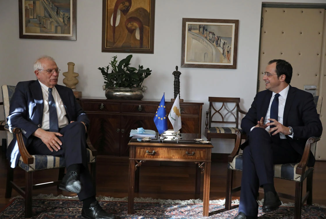 Cypriot Foreign Minister Nikos Christodoulides and European High Representative for Foreign Affairs and Security Policy and Vice-President of the European Commission Josep Borrell meet at the Foreign Ministry in Nicosia on June 25, 2020. (Reuters)