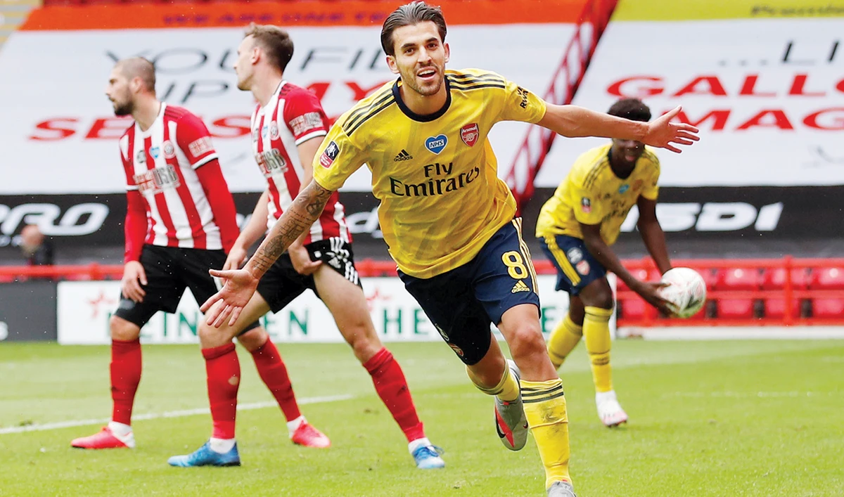 Arsenal’s Dani Ceballos after scoring their second goal against Sheffield United on Sunday in the FA Cup quarterfinal match. (Reuters)