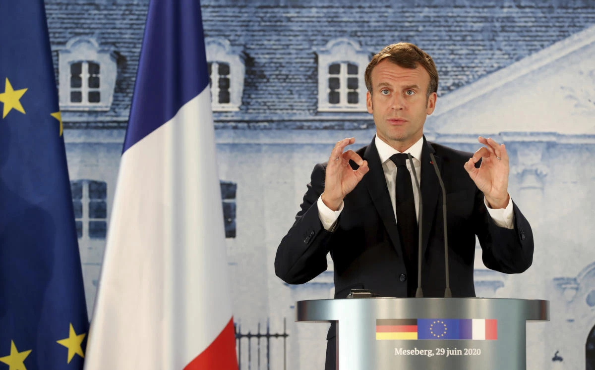 French President Emmanuel Macron gives a press conference at the German government’s guest house Meseberg Castle in Gransee, near Berlin, Germany, Monday, June 29, 2020. (AP Photo)