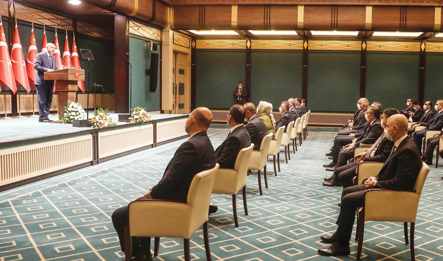 Turkish President Recep Tayyip Erdogan addresses a press conference after the Cabinet meeting at the Presidential Complex in Ankara on Monday. (AFP)