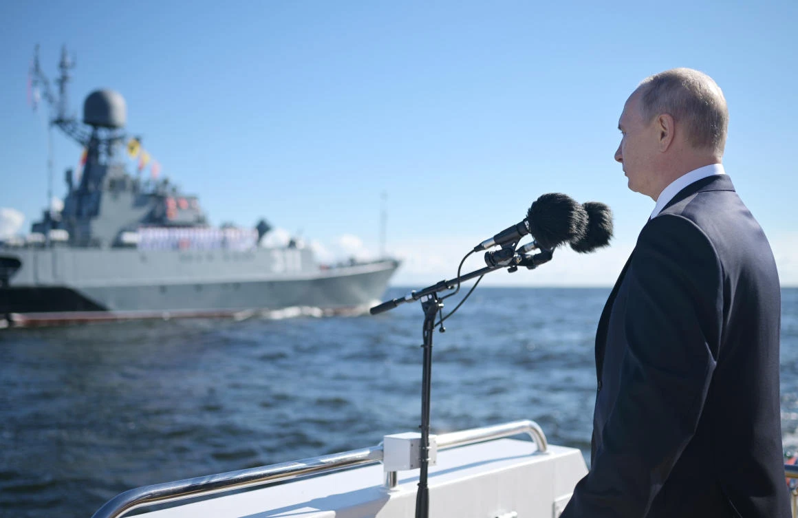 President Vladimir Putin inspects warships during the Navy Day parade in St.Petersburg, Russia, on Sunday, July 26, 2020. (Alexei Druzhinin, Sputnik, Kremlin Pool Photo via AP)