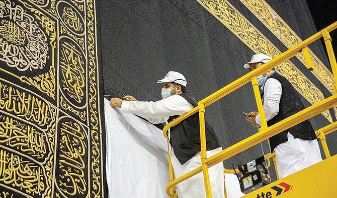 The General Presidency for the Affairs of the Two Holy Mosques has lifted the lower part of the Kiswa by about 3 meters and covered the raised area with white cotton fabric (approximately two meters in width from the four sides). (SPA)