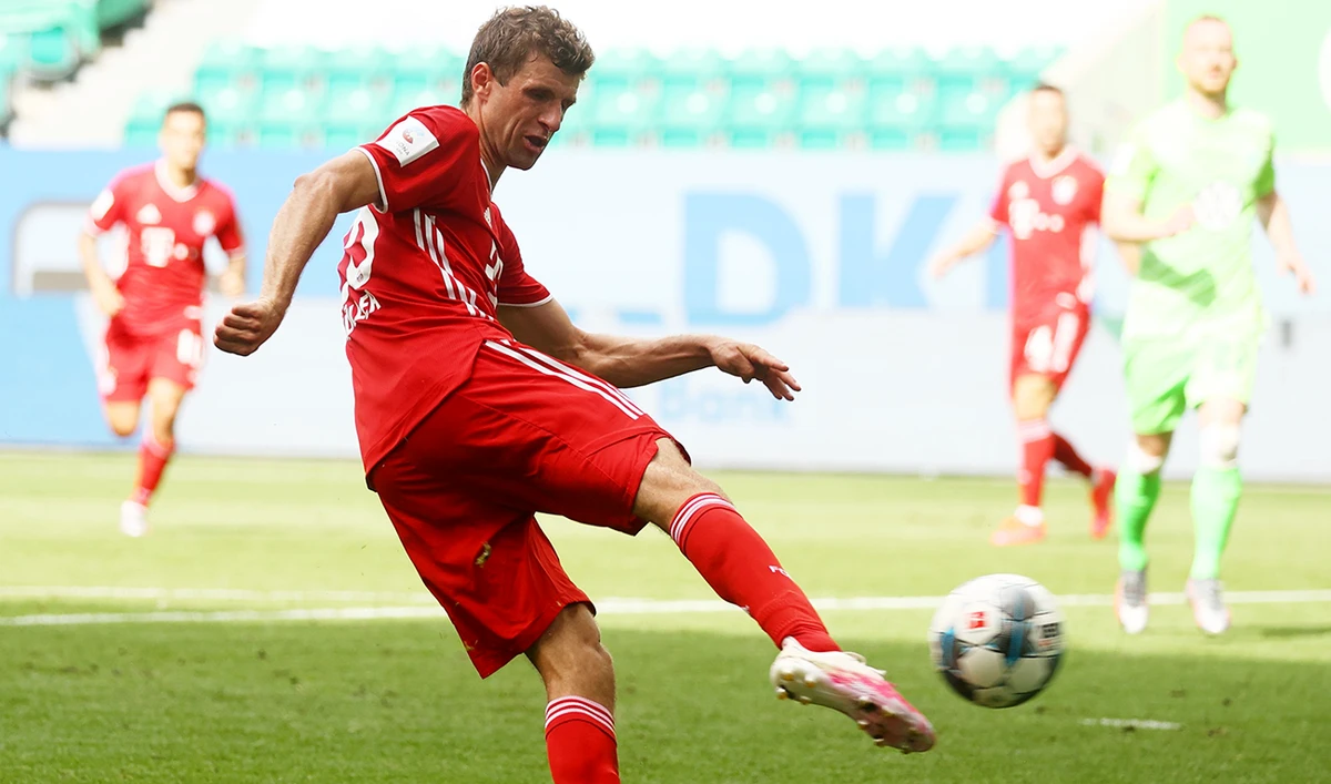 Thomas Mueller during Bayern Munich’s title-clinching Bundesliga match against Wolfsburg. (AFP)