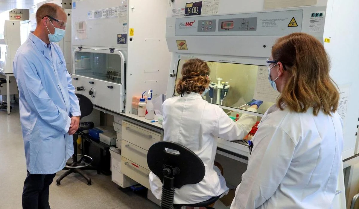 Prince William during a visit to the laboratory where a COVID-19 vaccine has been produced at the Oxford Vaccine Group’s facility at the Churchill Hospital in Oxford, June 24, 2020. (Reuters)