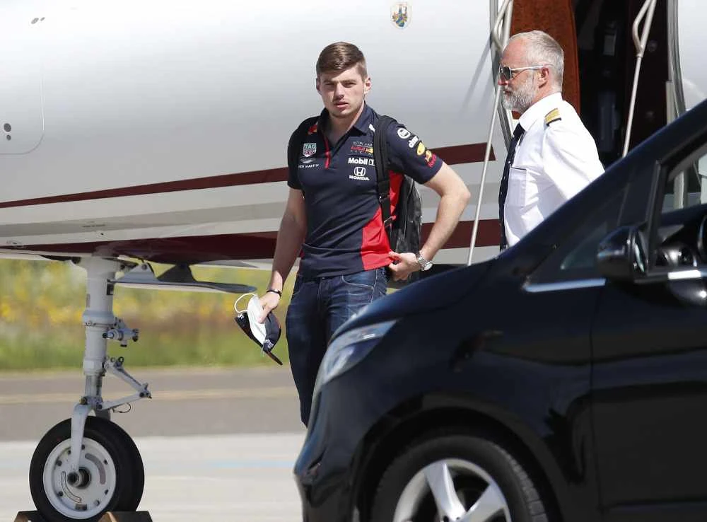Red Bull’s Dutch driver Max Verstappen leaves the aircraft upon his arrival to the military airport Hinterstoisser in Zeltweg, Austria on Thursday. (AFP)