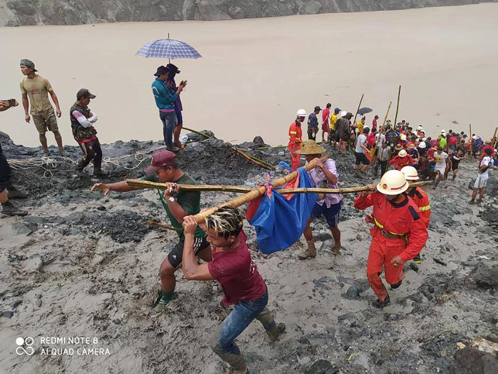The Myanmar Fire Service Department has recovered 166 bodies so far from the landslide in a jade mining area in Hpakant, northern Myanmar. (Myanmar Fire Service Department via AP)