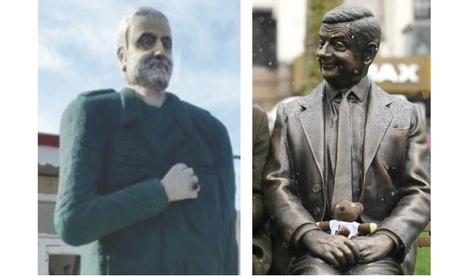 A memorial statue dedicated to Soleimani in the Iranian city of Jiroft, left, has been likened to the comic character played by the British actor Rowan Atkinson. (Supplied)