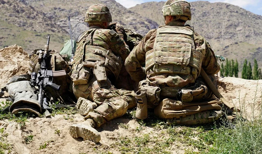 In this file photo taken on June 6, 2019, US soldiers look out over hillsides in Nerkh district of Wardak province, Afghanistan. ( AFP/File photo)