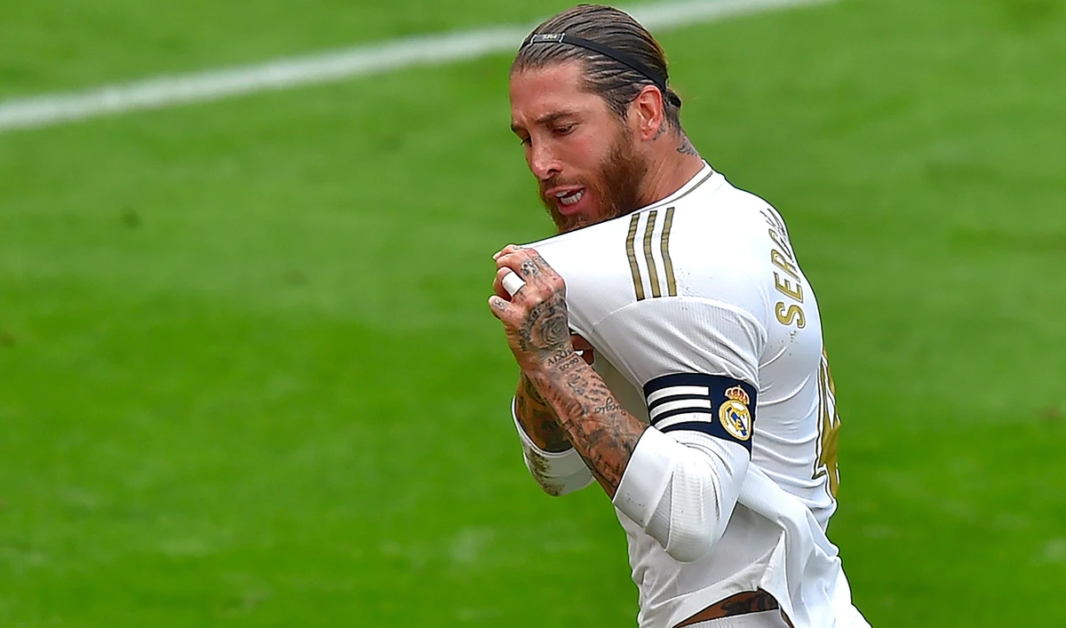 Real Madrid's Spanish defender Sergio Ramos celebrates after scoring a goal during the La Liga match on Sunday against Athletic Bilbao. (AFP)