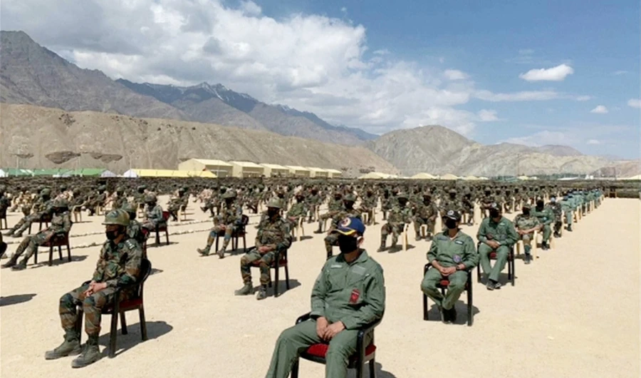 Soldiers await a visit by India's Prime Minister Narendra Modi in India's Himalayan desert region of Ladakh, India, July 3, 2020, in this still image taken from video. (REUTERS)