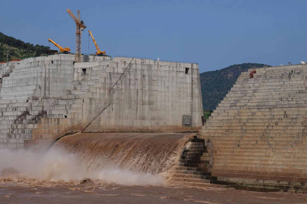 Water flows through Ethiopia’s Grand Renaissance Dam as it undergoes construction work on the river Nile in Guba Woreda, Benishangul Gumuz Region, Ethiopia, September 26, 2019. (Reuters)