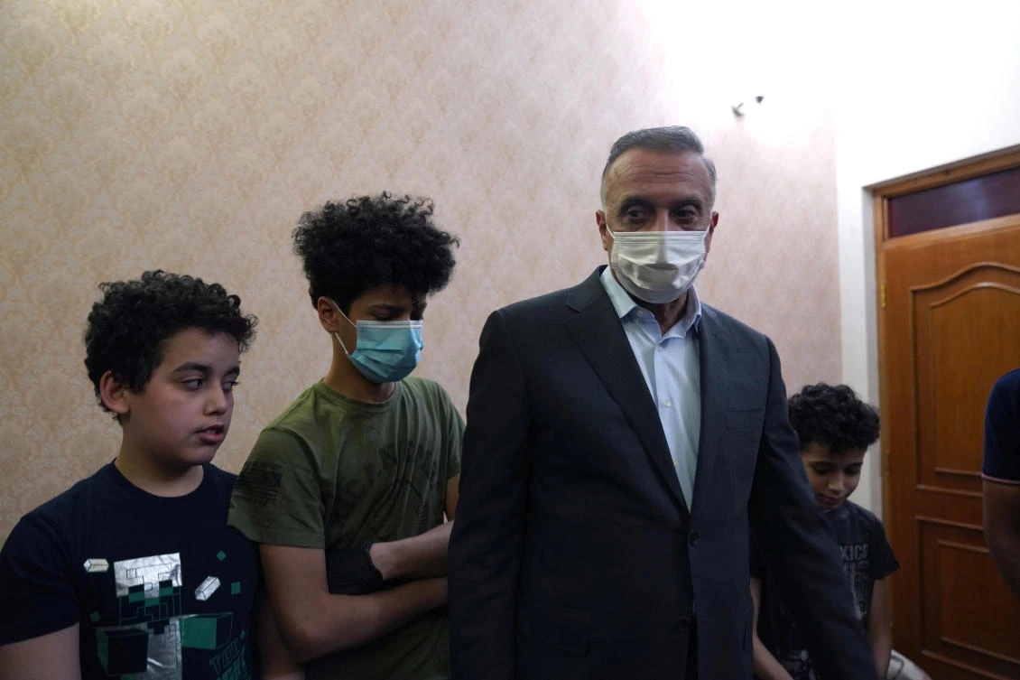Iraqi Prime Minister Mustafa Al-Kadhimi visits and offers condolences to the family of the late former government adviser and political analyst Hisham Al-Hashemi in Baghdad, Iraq July 8, 2020. (Reuters)
