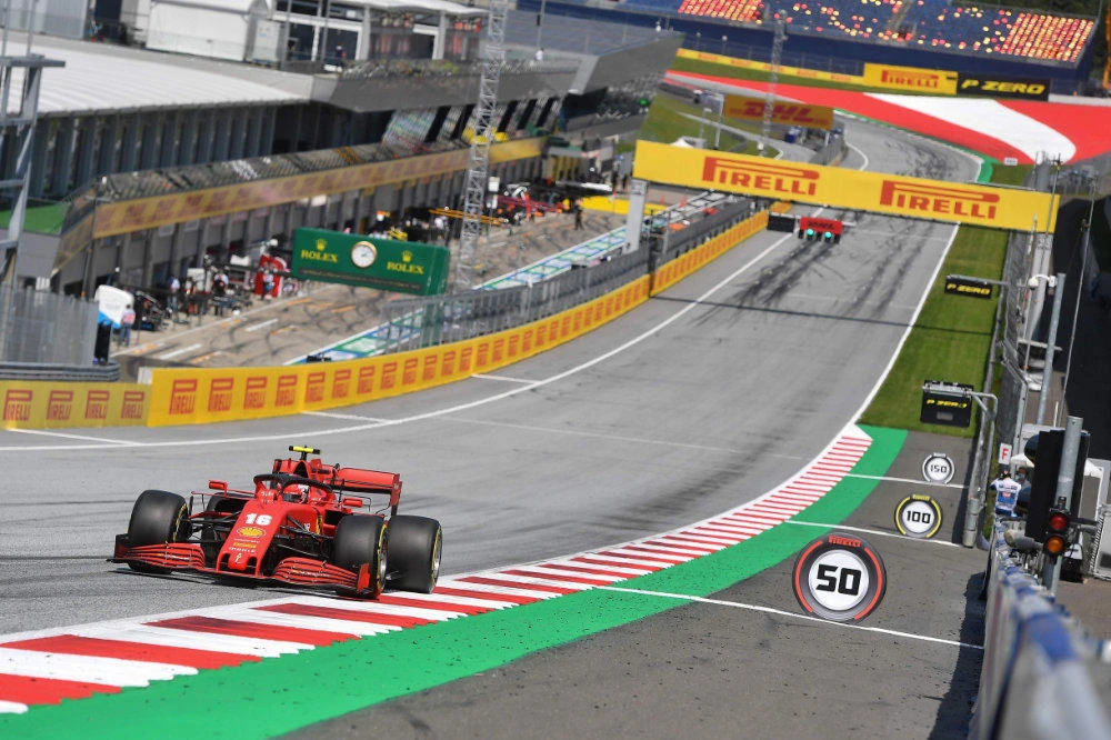 Ferrari's Monegasque driver Charles Leclerc steers his car during the second practice session for the Formula One Styrian Grand Prix on July 10, 2020 in Spielberg, Austria. (AFP / POOL / JOE KLAMAR)