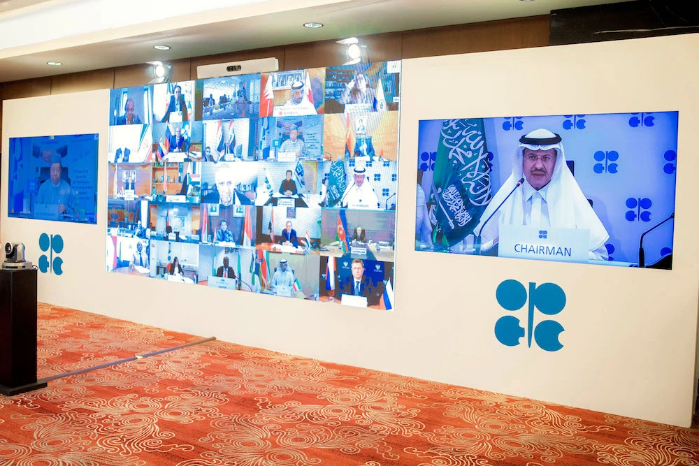 Saudi Energy Minister Prince Abdulaziz bin Salman, chairing the virtual extraordinary meeting of the virtual extraordinary meeting of Organization of the Petroleum Exporting Countries (OPEC) and non-OPEC countries, amid the novel coronavirus pandemic. (File/SPA)