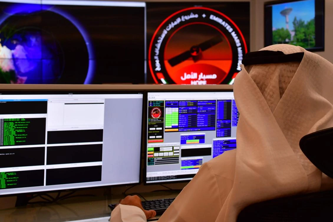In this file photo taken on July 05, 2020 an employee works at the control room of the Mars Mission at the Mohammed Bin Rashid Space Centre (MBRSC), in the Gulf city of Dubai. (File/AFP)