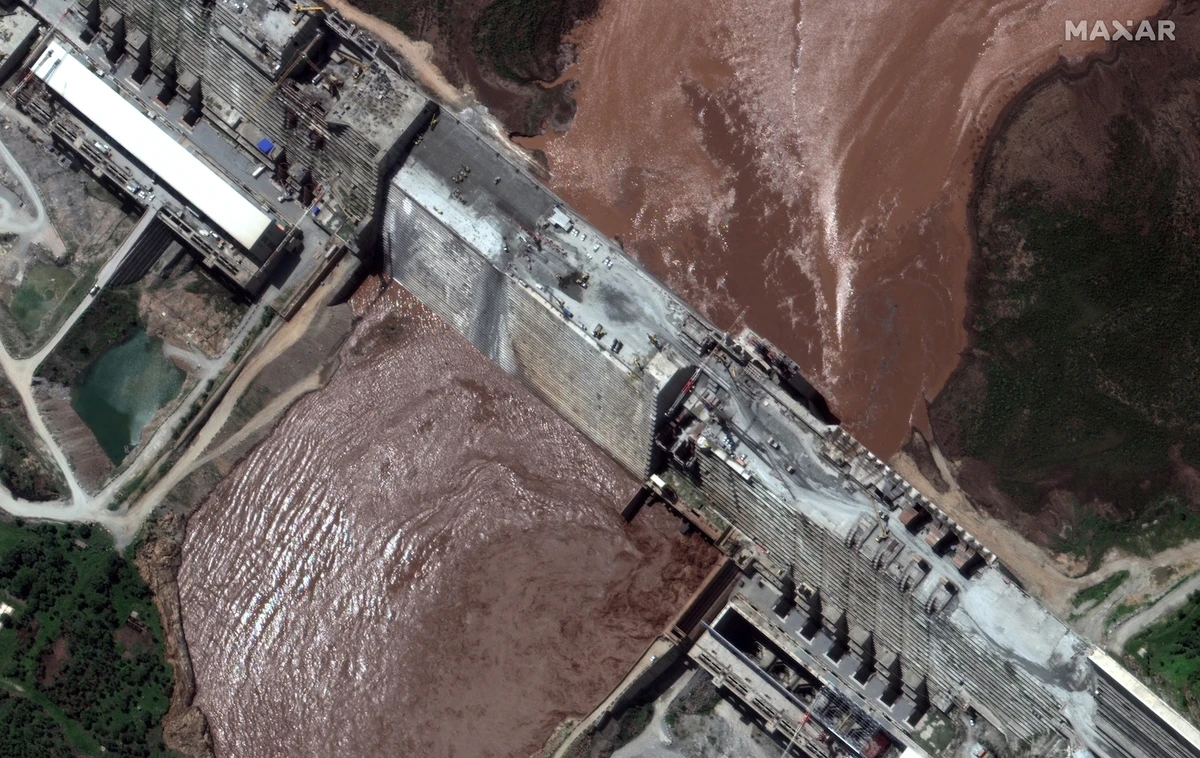A handout satellite image shows a closeup view of the Grand Ethiopian Renaissance Dam (GERD) and the Blue Nile River in Ethiopia June 26, 2020. (Reuters)