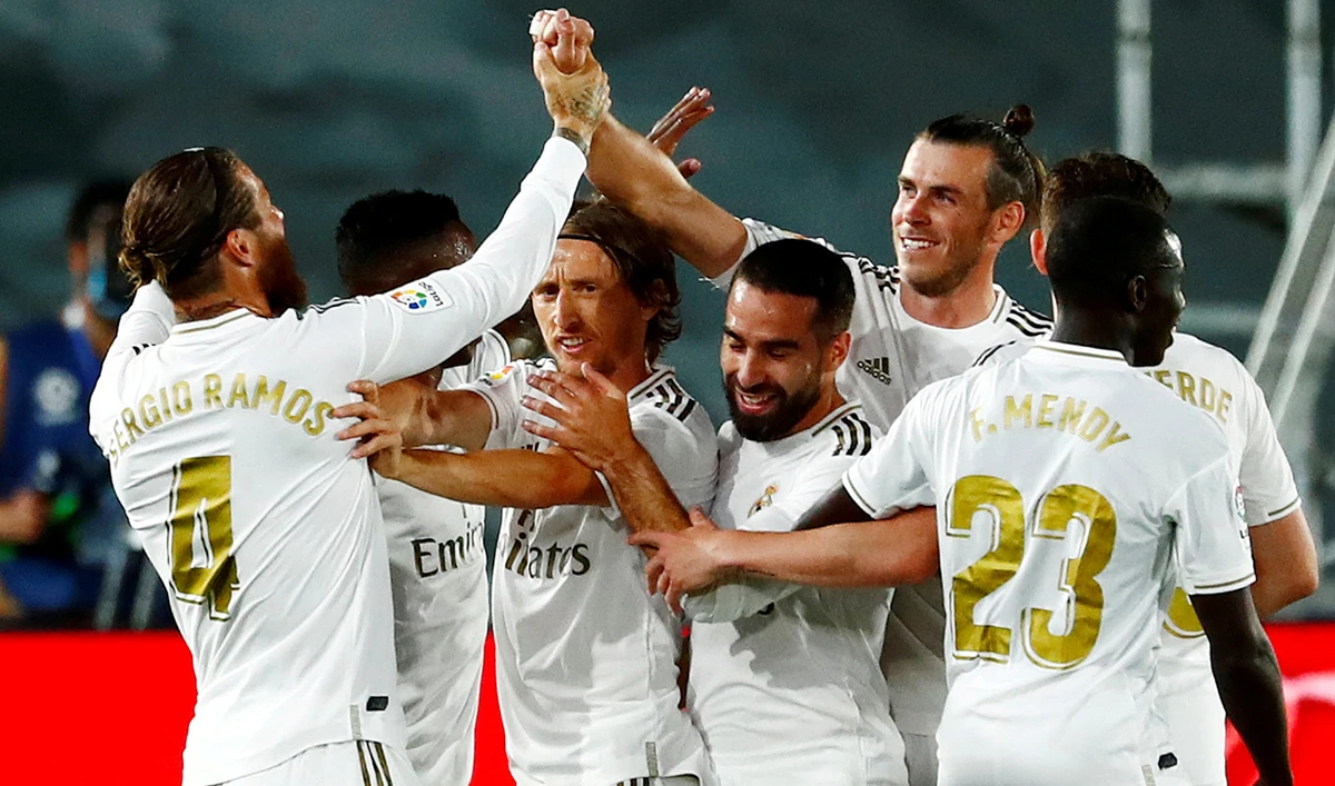 Real Madrid's Sergio Ramos celebrates scoring their second goal with teammates. (Reuters/File)