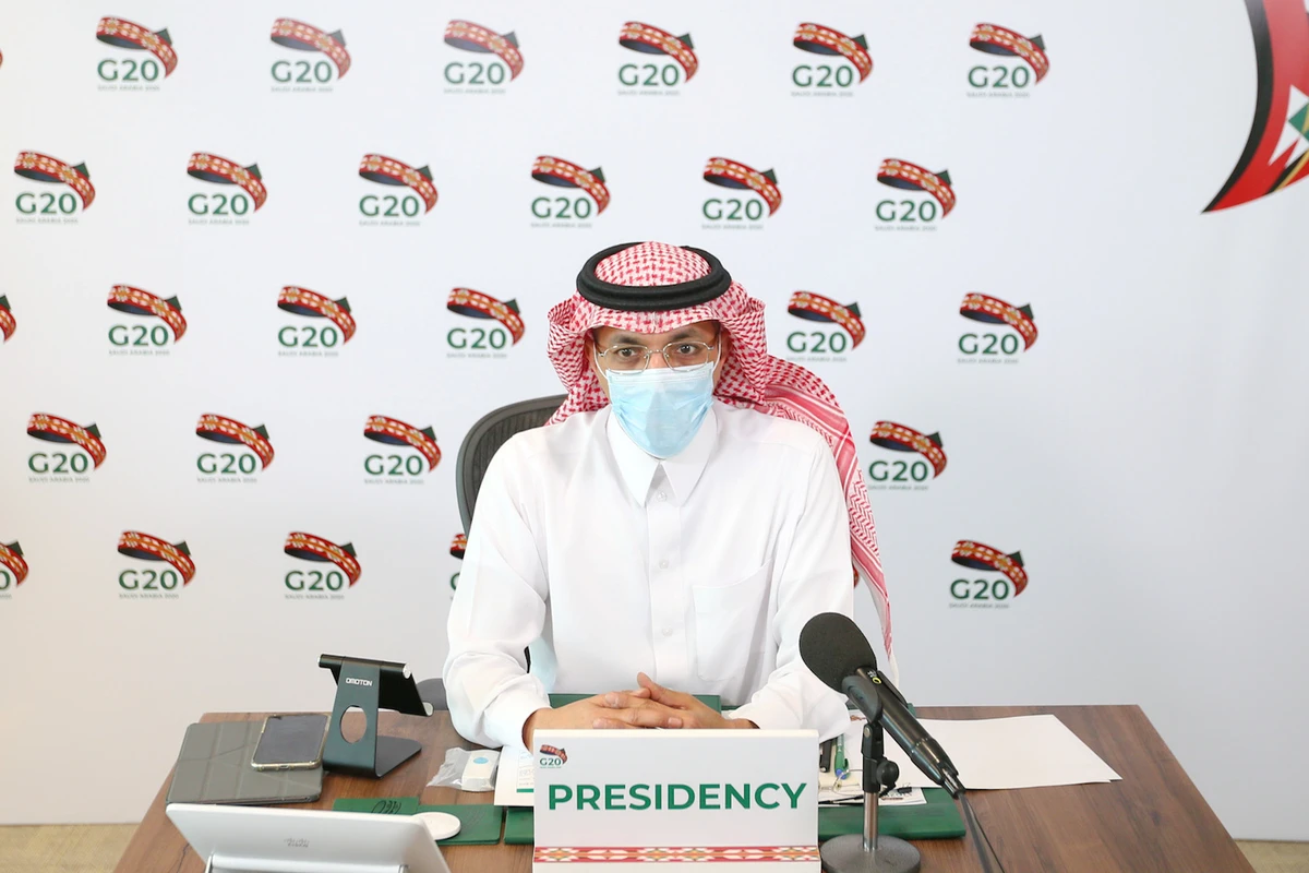 Saudi Minister of Finance Mohammed Al-Jadaan attends a virtual meeting of G20 finance ministers and central bank governors in Riyadh on July 18, 2020. (Reuters)