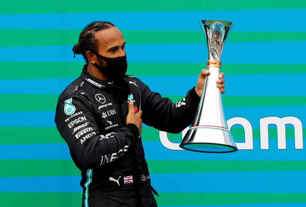 Mercedes driver Lewis Hamilton after winning the Hungarian Formula One Grand Prix race at the Hungaroring racetrack in Mogyorod, Hungary, Sunday. (Reuters)
