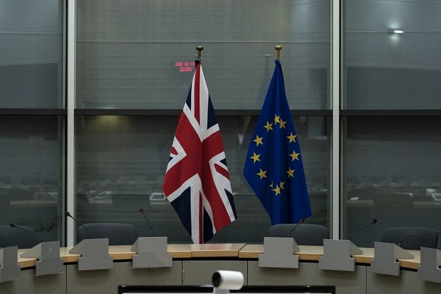 The flag of the United Kingdom and the flag of European Union are displayed prior to the meeting between UK Brexit Minister Stephen Barclay and EU chief Brexit negotiator Michel Barnier on September 20, 2019, in Brussels. (File/AFP)