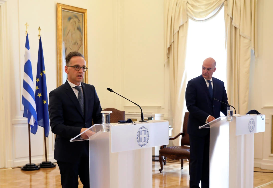 German Foreign Minister Heiko Maas speaks next to Greek Foreign Minister Nikos Dendias during a news conference at the Ministry of Foreign Affairs in Athens, Greece, July 21, 2020. (Reuters)