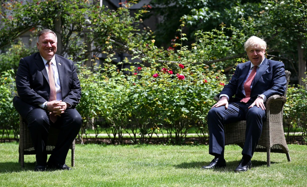 US Secretary of State Mike Pompeo meets with Britain’s Prime Minister Boris Johnson at Downing Street in London, Britain, July 21, 2020. (Reuters)