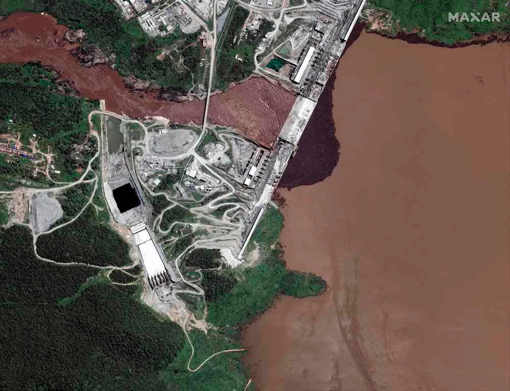 This handout satellite image obtained courtesy of Maxar Technologies on July 21, 2020 shows a view of northwestern Ethiopia that focuses on the status of the Grand Ethiopian Renaissance Dam (GERD) and the Blue Nile River on July 11, 2020. (AFP/Satellite image ©2020 Maxar Technologies)