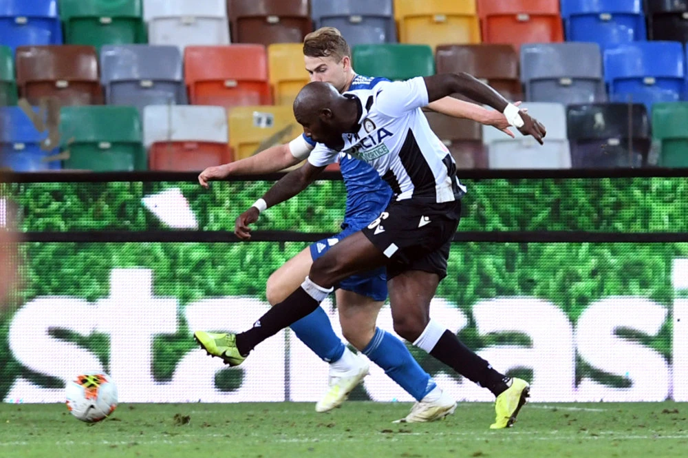 Udinese’s Seko Fofana scores their second goal during the Serie A football match against Juventus on Thursday. (Reuters)