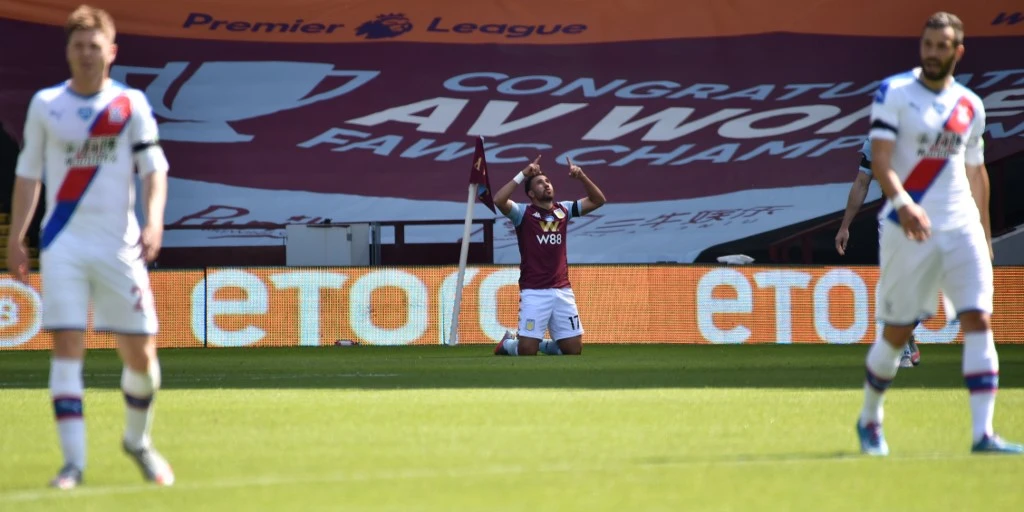 Egyptian midfielder Mahmoud Trezeguet celebrates scoring his team’s second goal during the English Premier League football match between Aston Villa and Crystal Palace on July 12, 2020. (AFP)