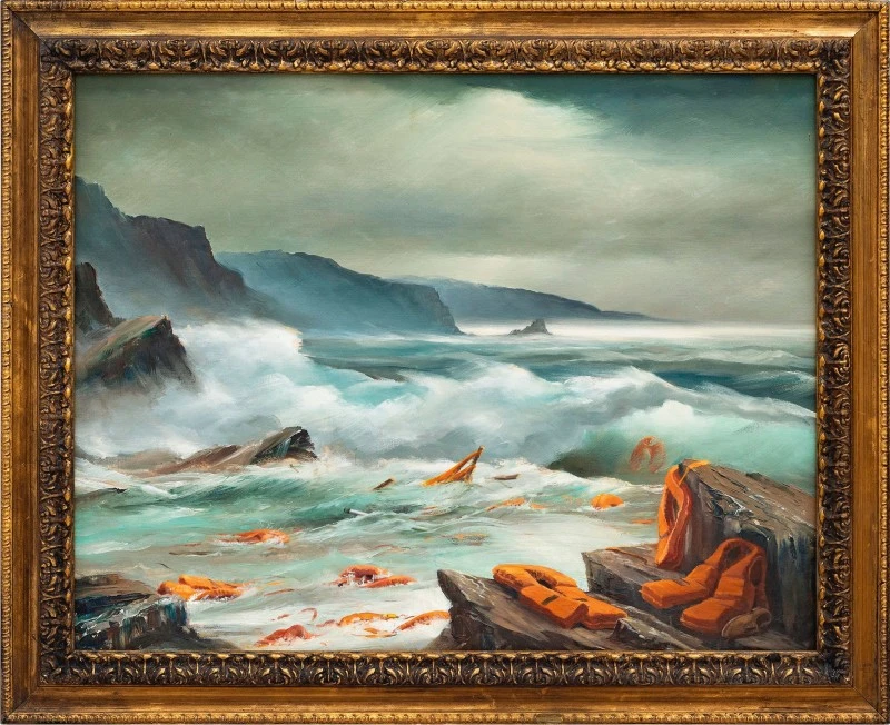 One of the three canvases in Banksy’s triptych, “Mediterranean Sea View 2017.” (Photo courtesy/Sotheby's)