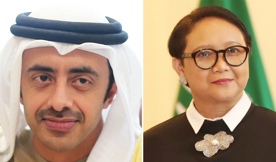 Emirati Foreign Minister Sheikh Abdullah bin Zayed al-Nahyan (L) and Indonesian Foreign Minister Retno Marsudi. (Agencies)