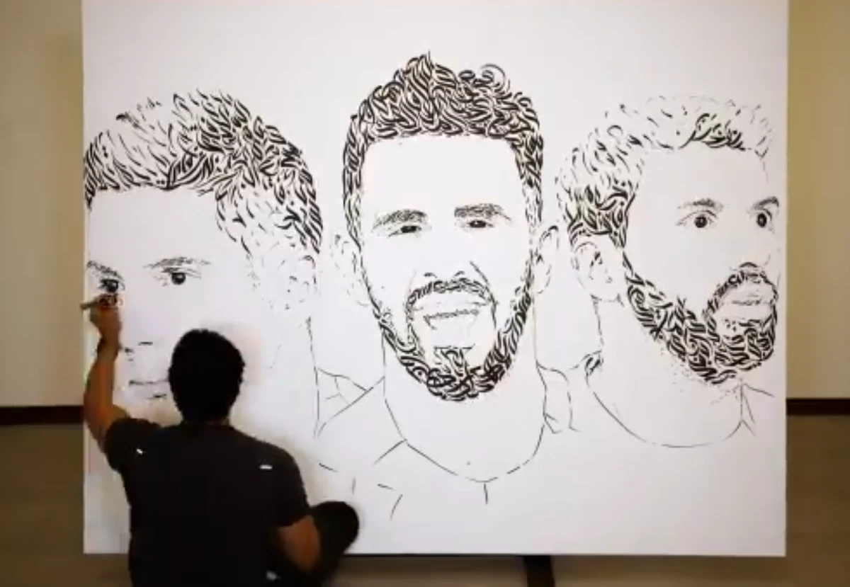 Diaa Allam’s Arabic calligraphy-inspired artwork features Man City star players Sergio Aguero, Kevin De Bruyne and Riyad Mahrez. (Supplied)