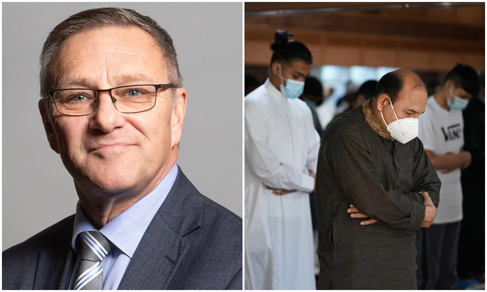 Craig Whittaker MP (left) under pressure to apologize after blaming Muslims, minorities for COVID-19 spike. Men wearing face masks pray inside Manchester Central Mosque, in Manchester, northern England, right. (UK Parliament/AP)