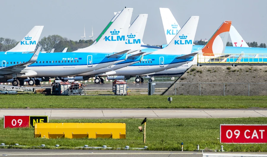 In this file photo taken on April 23, 2020 KLM aircrafts are seen at a standstill on the tarmac of Schiphol airport, as the country is under lockdown to stop the spread of the Covid-19 pandemic caused by the novel coronavirus. (AFP)