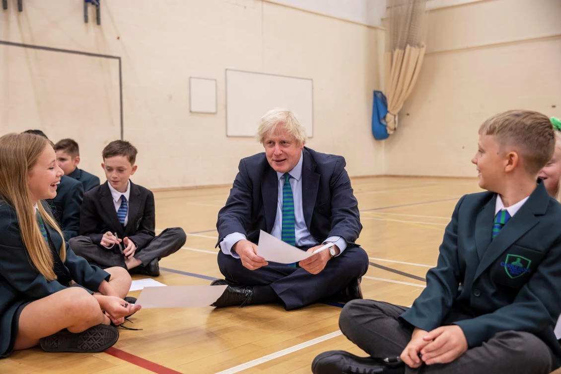 Britain's Prime Minister Boris Johnson visits Castle Rock school as he takes part in a getting to know you induction session on the pupil's first day back to school, in Coalville, Britain August 26, 2020. Jack Hill/Pool via REUTERS