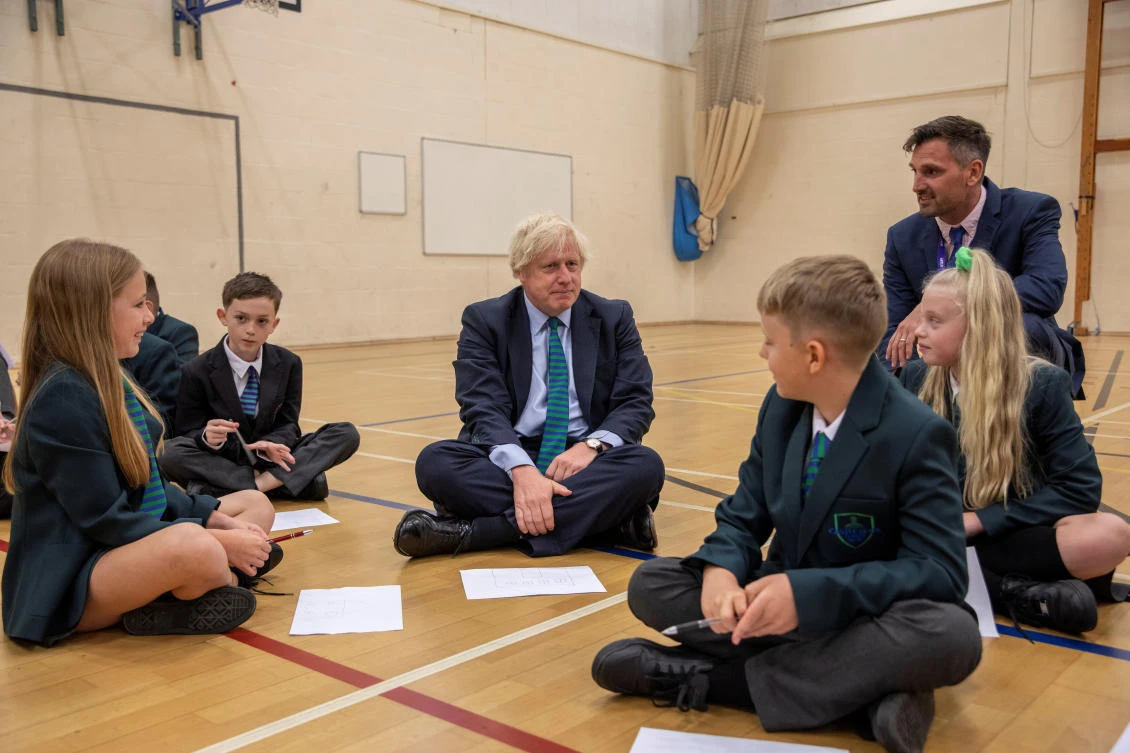 Britain's Prime Minister Boris Johnson visits Castle Rock school as he takes part in a getting to know you induction session on the pupil's first day back to school, in Coalville, Britain August 26, 2020. Jack Hill/Pool via REUTERS