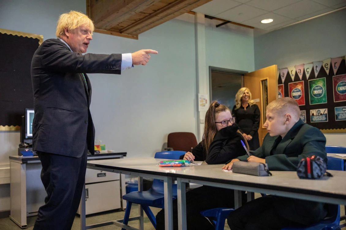 Britain's Prime Minister Boris Johnson visits Castle Rock school on the pupil's first day back to school, in Coalville, Britain August 26, 2020. Jack Hill/Pool via REUTERS