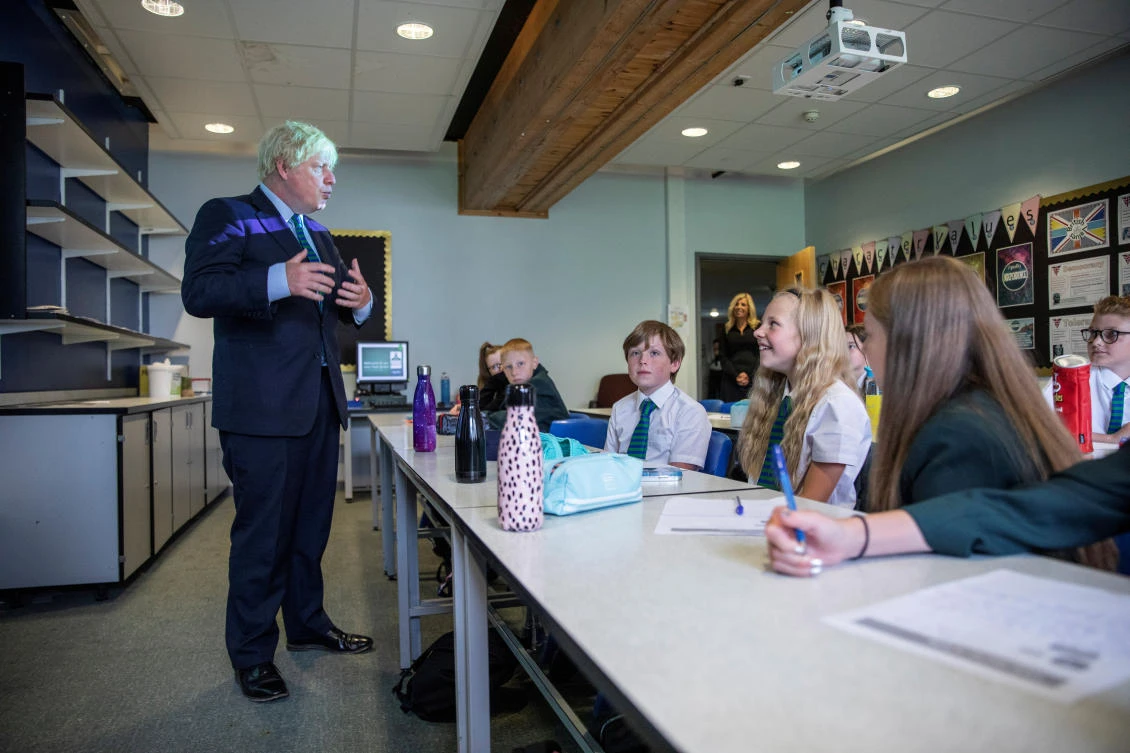 Britain's Prime Minister Boris Johnson visits Castle Rock school on the pupil's first day back to school, in Coalville, Britain August 26, 2020. Jack Hill/Pool via REUTERS